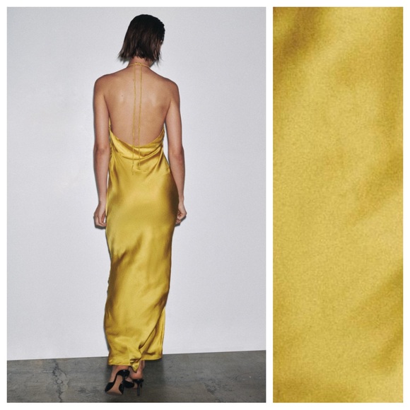 NWT. Zara Olive Green Satin Effect Long Dress with Embossed Flower. Size XS. - Picture 5 of 13